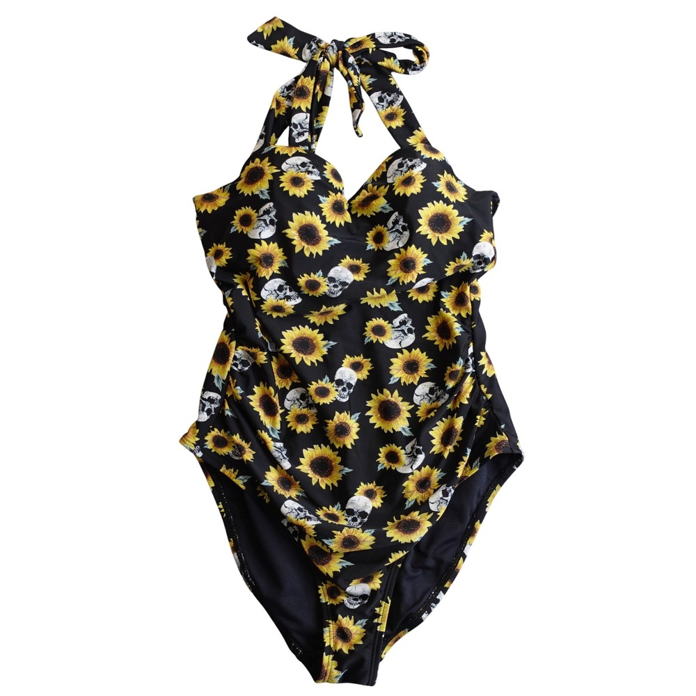 Hot Topic Sunflower Skull Halter Swimsuit SM Black Ruched Retro Goth Rockabilly